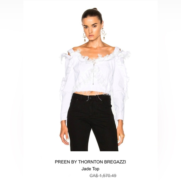 PREEN BY THORNTON BREGAZZI Ruffle Denim Off-Shoulder Top - Picture 10 of 10